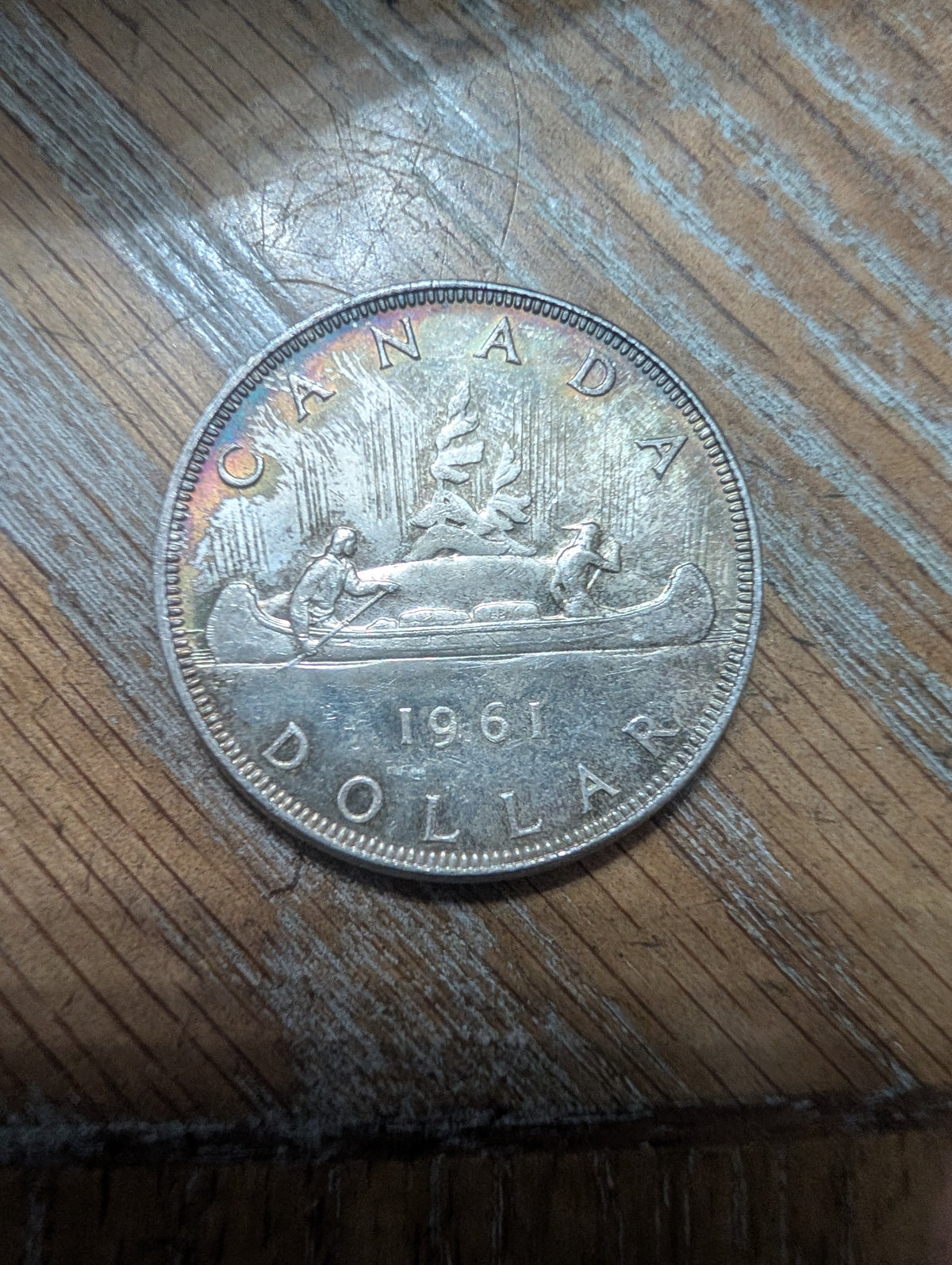 Mint state Canada silver rainbow toned dollar canoe coin