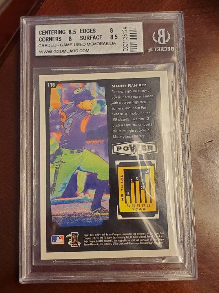 Manny Ramirez Cleveland Indians 1999 graded Beckett card game used bat wood piece 8