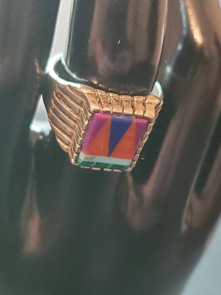 Sterling silver handmade solid ring southwest style coral turquoise inlays