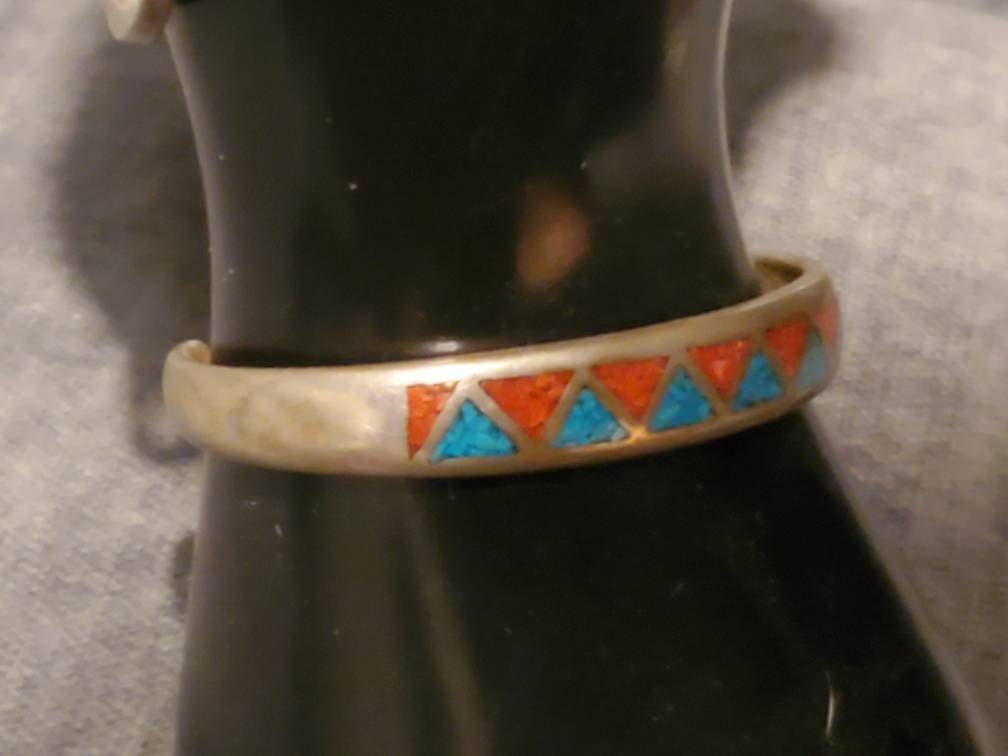 Southwestern silver bracelet thick sterling precious metal with coral and turquoise