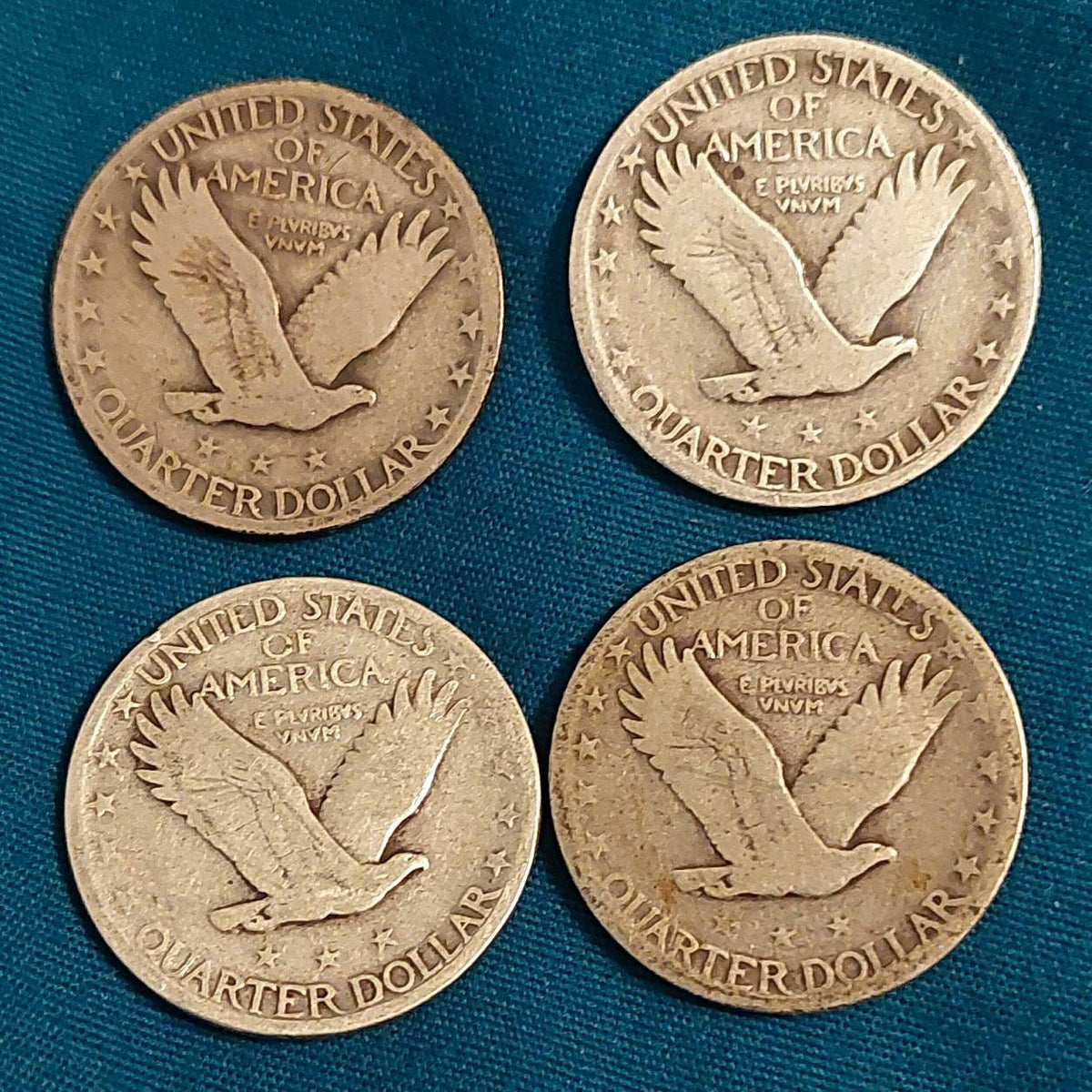 Lot of 4 standing liberty silver quarters, full dates and some mint marks free shipping lot in 4 90 percent silver , us coins