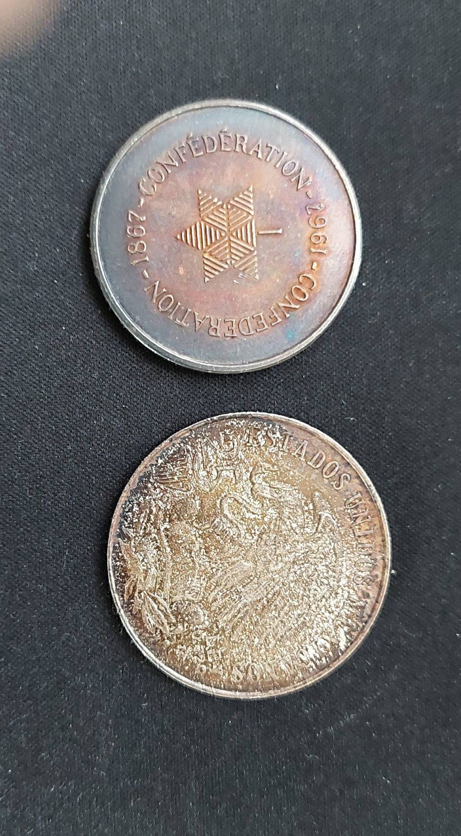 Large silver foreign coins beautiful toned 1967 Canada medal and 1960s Mexico Olympics commemorative, coin collecting, gifts for him