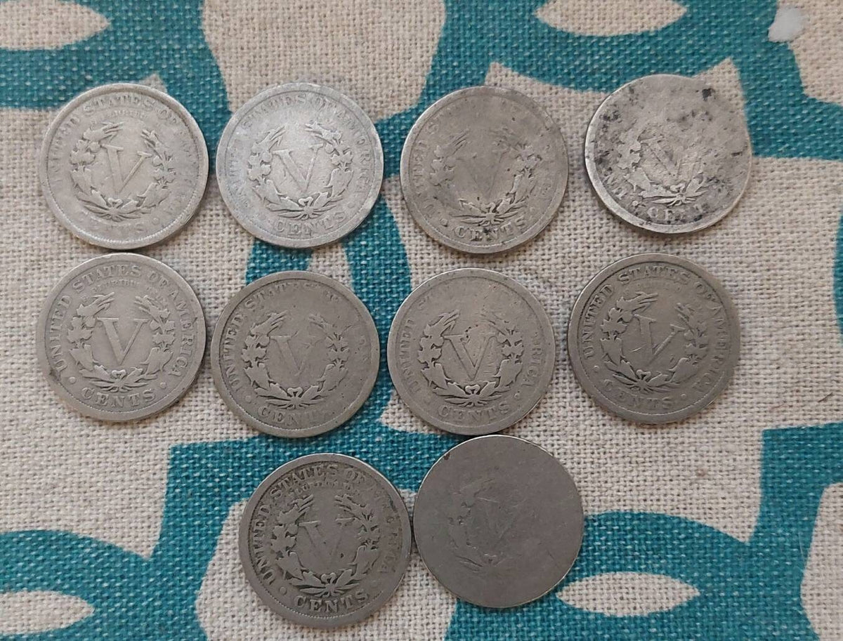 10 liberty v nickels including 1800s dates, all decent condition antique american nickels as pictured