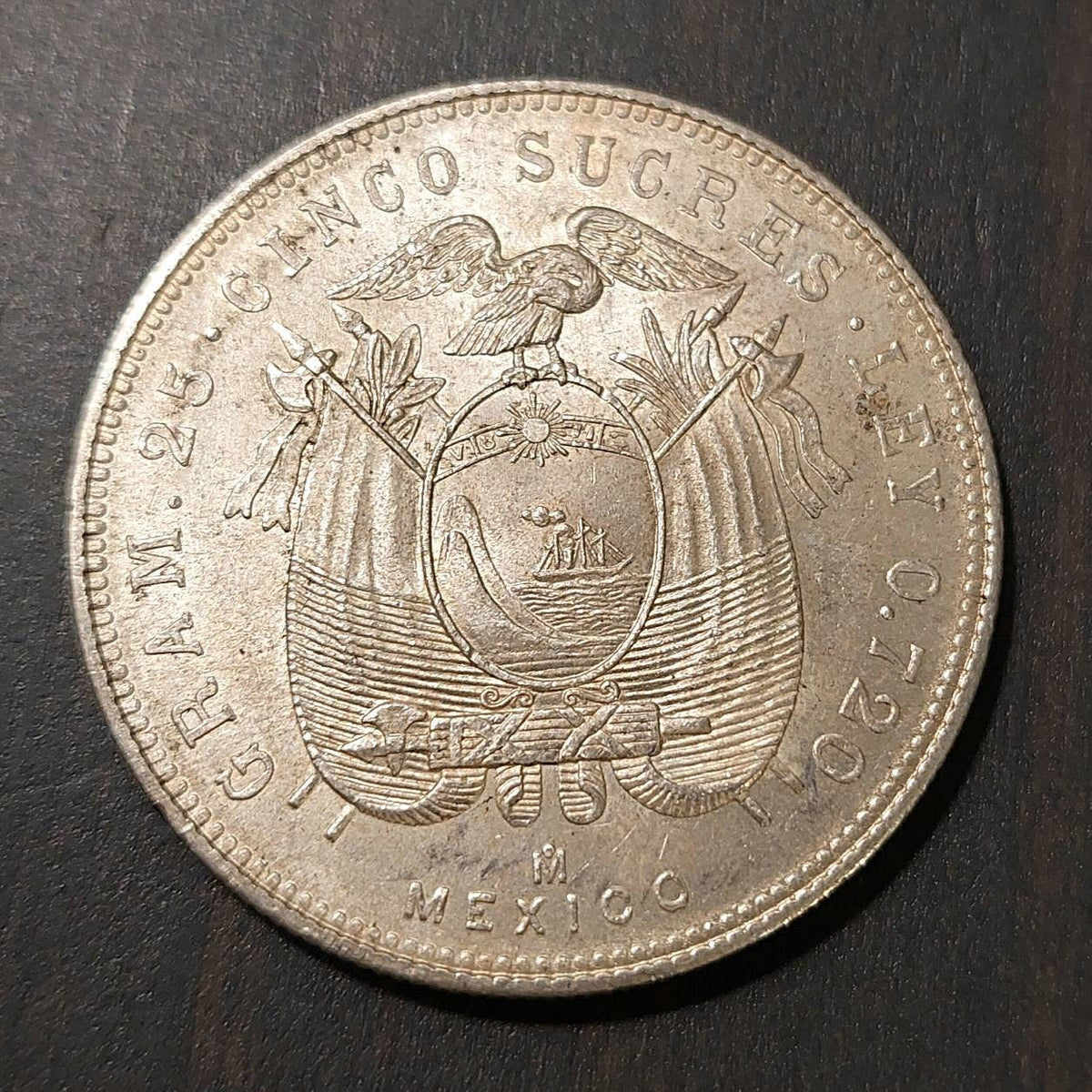 1944 Ecuador 5 sucres large silver south America coin