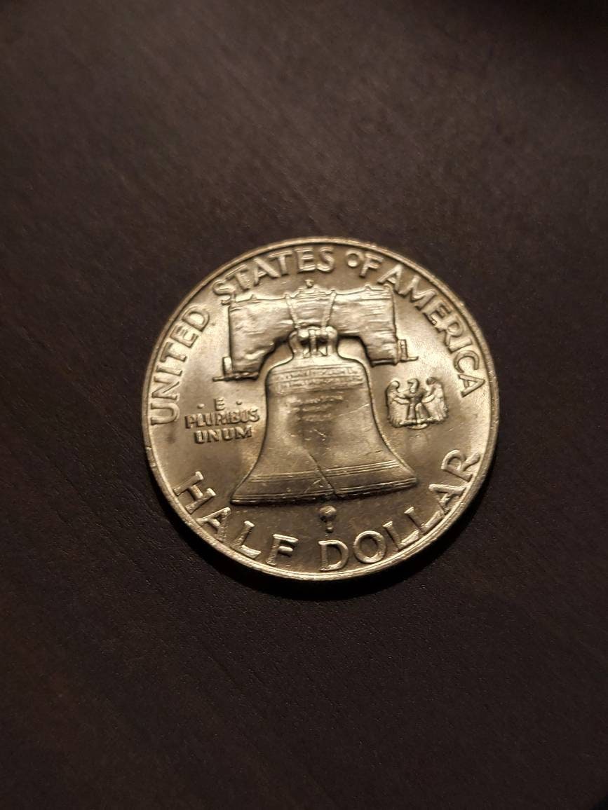 1959d franklin silver half dollar, beautiful mint state coin 90% silver vibrant America currency