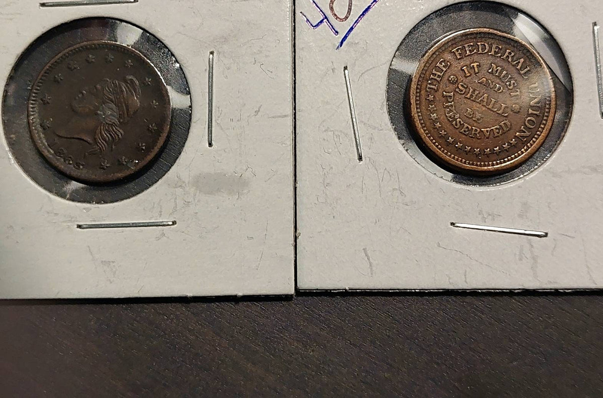 2 1863 civil war tokens, random coins from my collection. No cherry picking! At least vf/ex coins. Free shipping two coins from civilwar