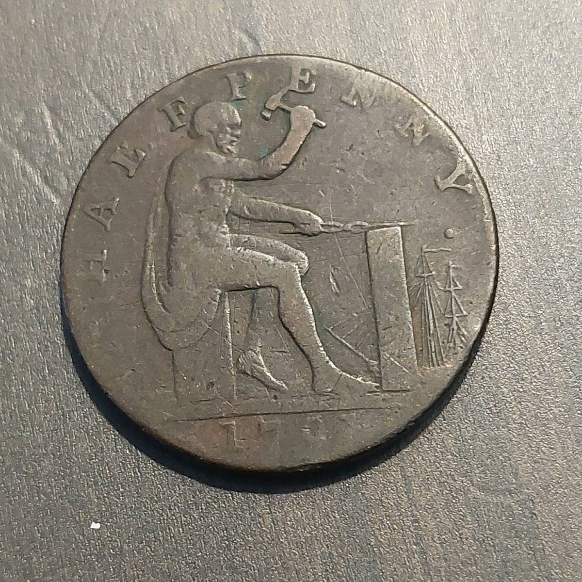 1797 John Wilkinson iron master, British half penny condor token, coin collecting