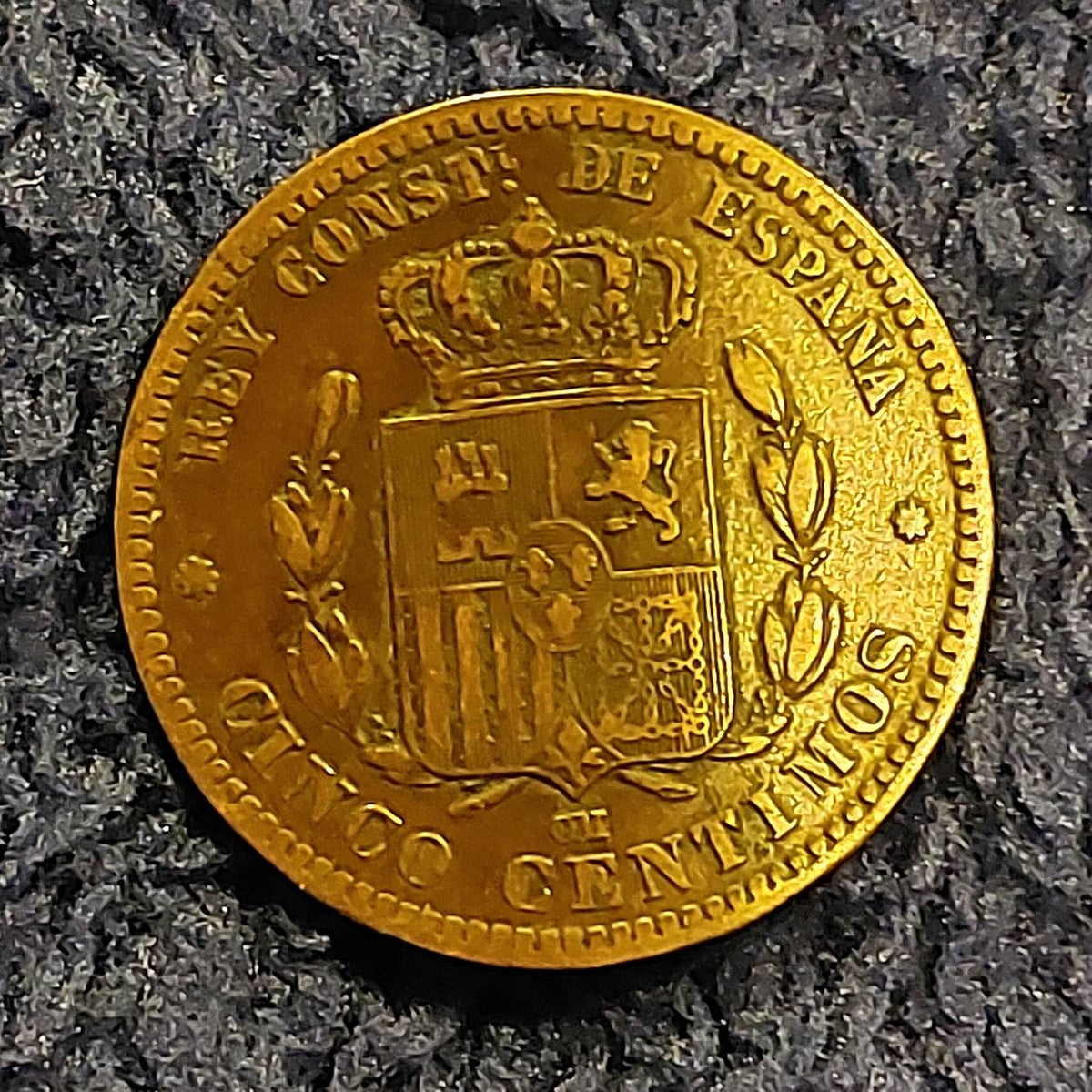 1877 Spain Cinco centimos 1800s copper coin, nice condition world coin, coin collecting