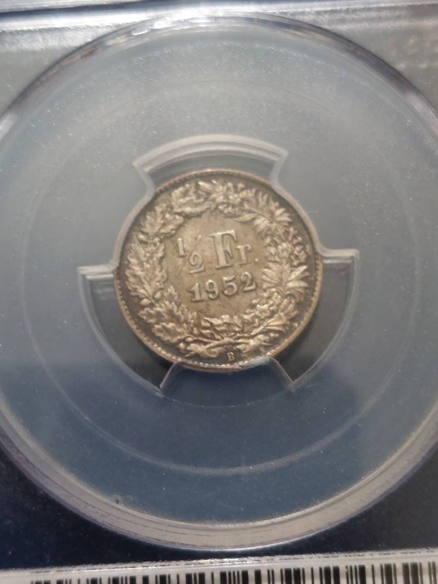 1952b pcgs graded ms64 antiqued toned , Switzerland silver half franc coin, free shipping