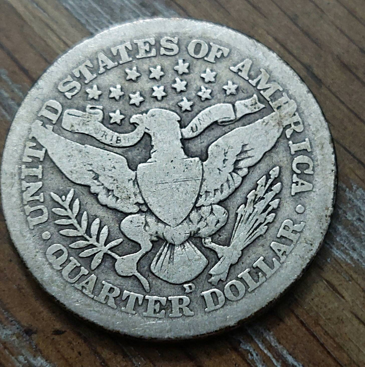 1913d barber silver quarter, very good condition denver low mintage year!
