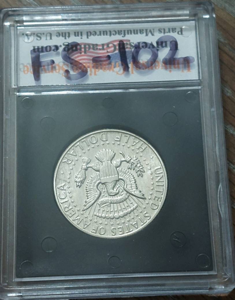 1966 Kennedy half dollar, 40 percent silver coin graded ms65 by third party grader, double profile variety