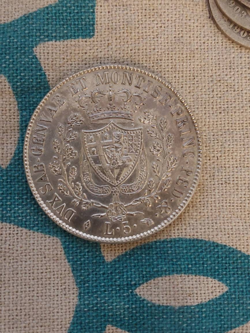1830 Italian states 5 lire coin, Sardinia large silver crown coin, very rare European coin, high grade details