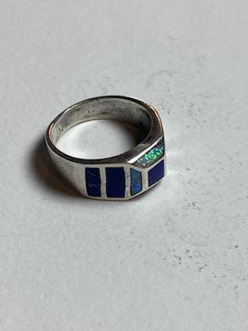 Size 7 vintage sterling silver unique statement ring, opal and cobalt inlay, unisex ring, 6 grams
