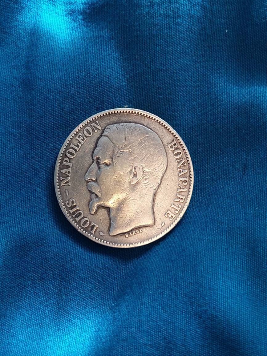 1852a French 5 franc large silver coin, antique European money, coin collecting