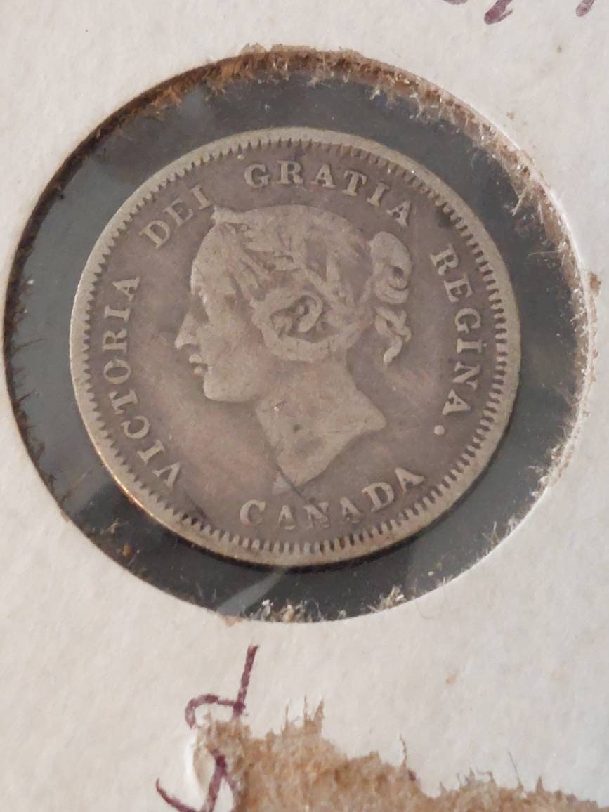 Canada sterling silver 5 cent coin, 1881h half dime, queen Victoria fishscale very fine