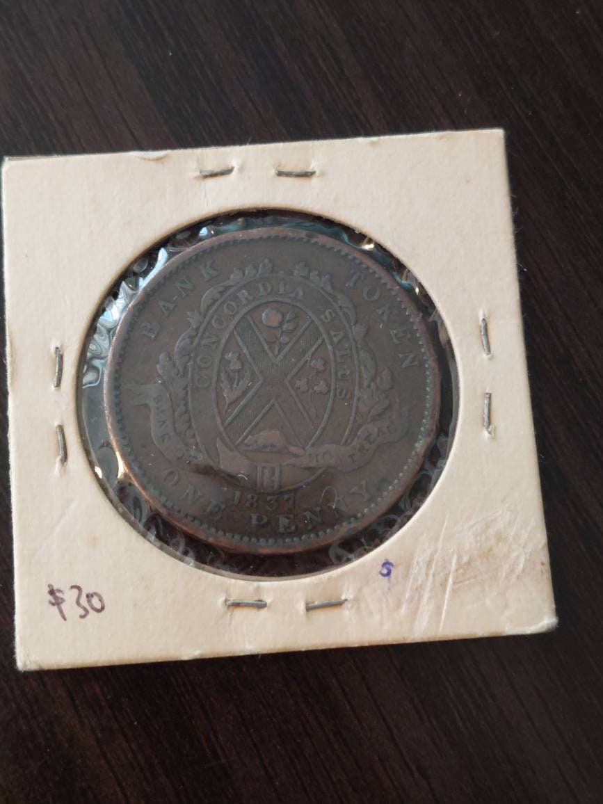 1837 bank of Montreal copper one penny token coin, rare no period variety, early Canada large cent