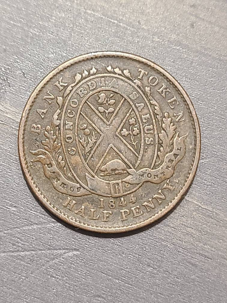 1844 bank of Montreal, Canadian Bank token half penny, scarce this nice