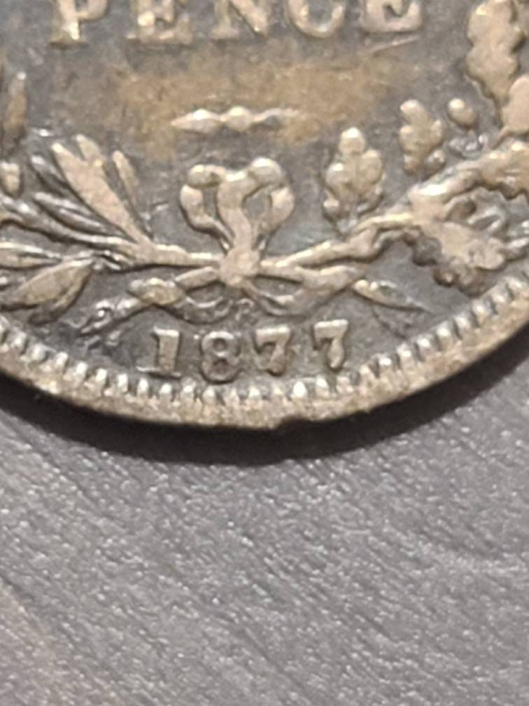 1877 sixpence coin, queen Victoria british coin, die 8 variety