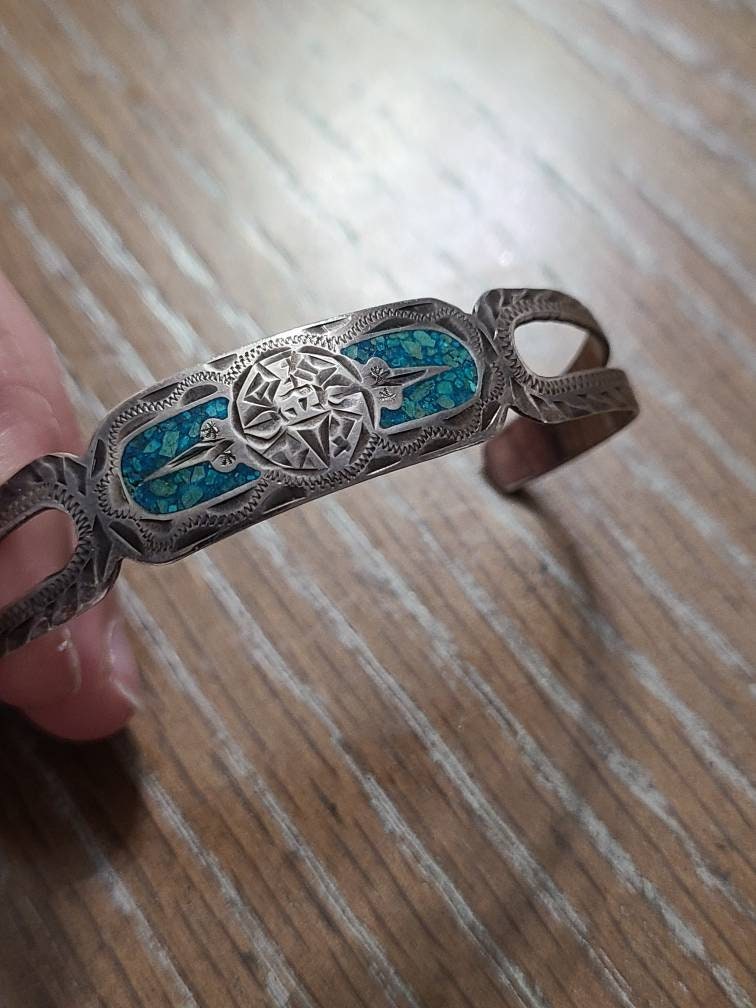Artisan sterling silver, Mexican handmade southwestern cuff bracelet, with turquoise inlay.