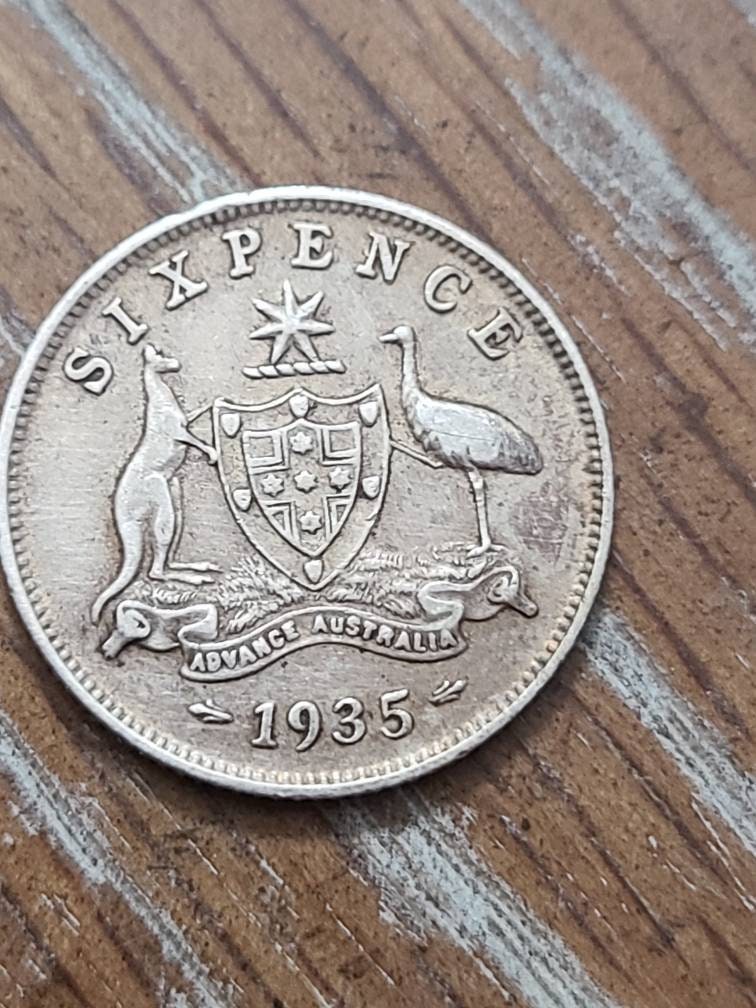 1935 australia sterling silver sixpence coin, lucky wedding coin, high grade semi key better date
