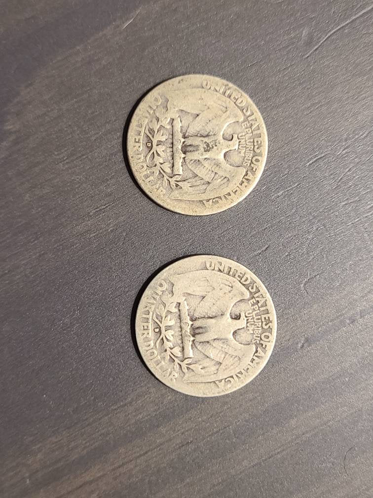 1940d and 1936d silver Washington quarters, two early low mintage 90 percent silver coins, coin collecting