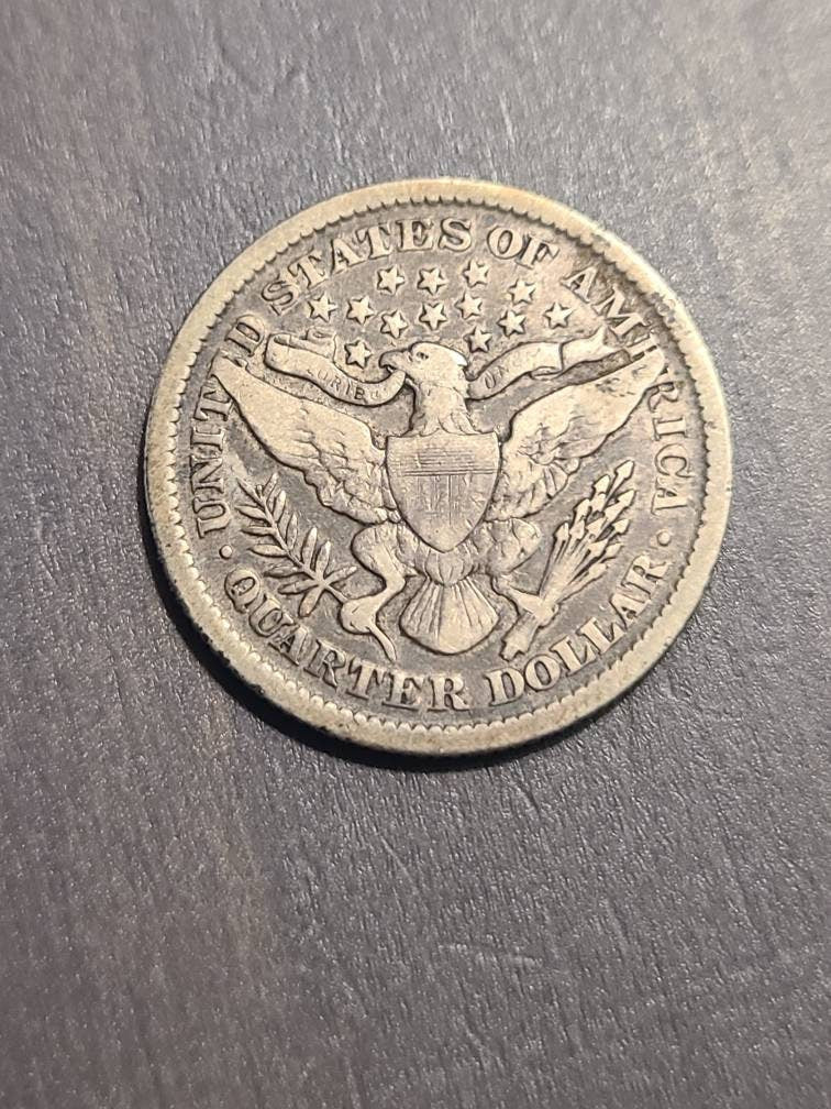 1899 barber silver quarter coin, nicer, very good antique American 90 percent silver money