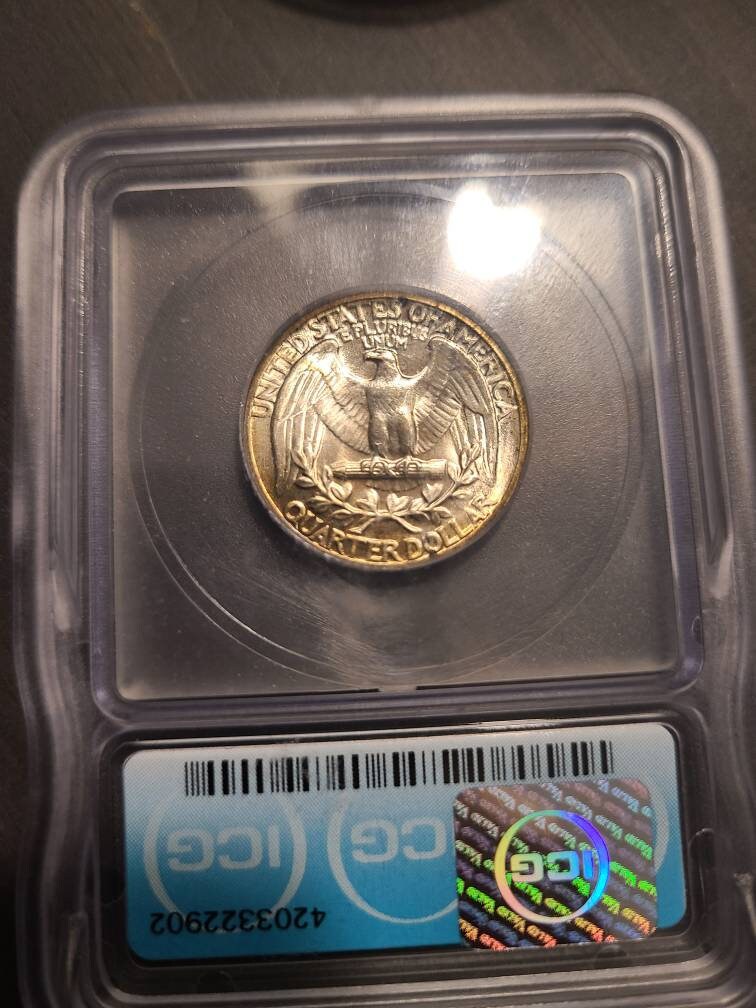 1941 Washington Silver Quarter coin, uncirculated ICG graded ms66 gem coin with gorgeous mint toning yellow and green