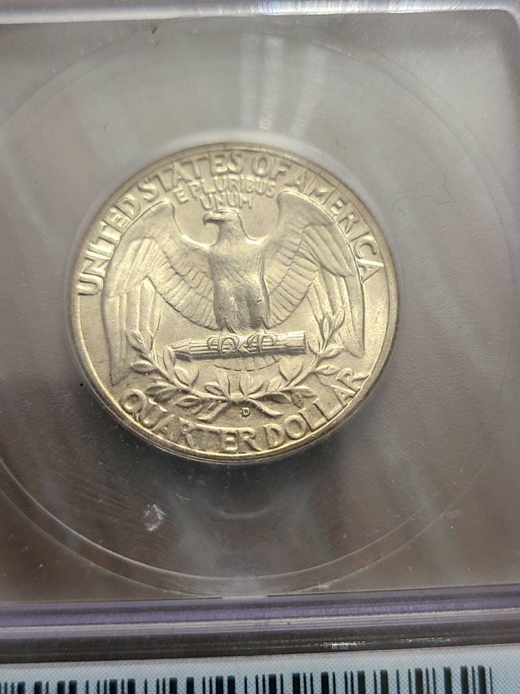 1949d Washington Silver Quarter coin, uncirculated ICG graded ms66+ gem coin with gorgeous mint toning yellow and green, gifts for him