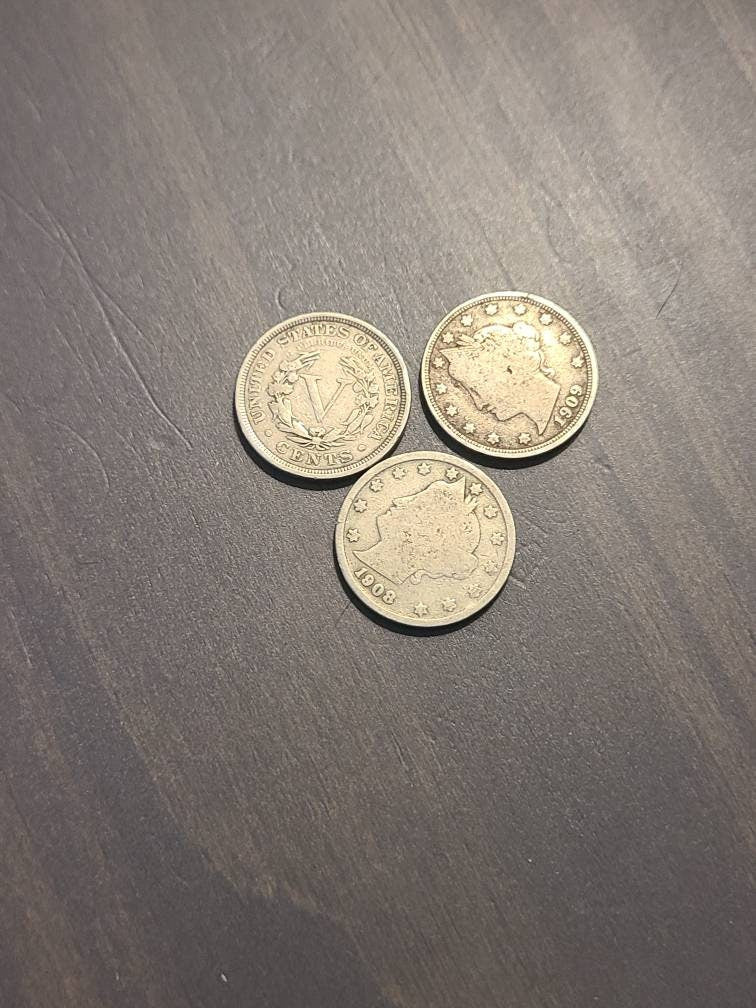 Two v nickel coin lot, you get 2 circulated full date v nickels, us coin collecting, gifts for him