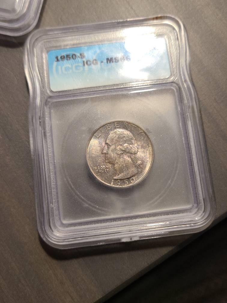 1954d Washington Silver Quarter coin, uncirculated ICG graded ms67 superb gem coin with gorgeous mint toning, gifts him 90 percent silver