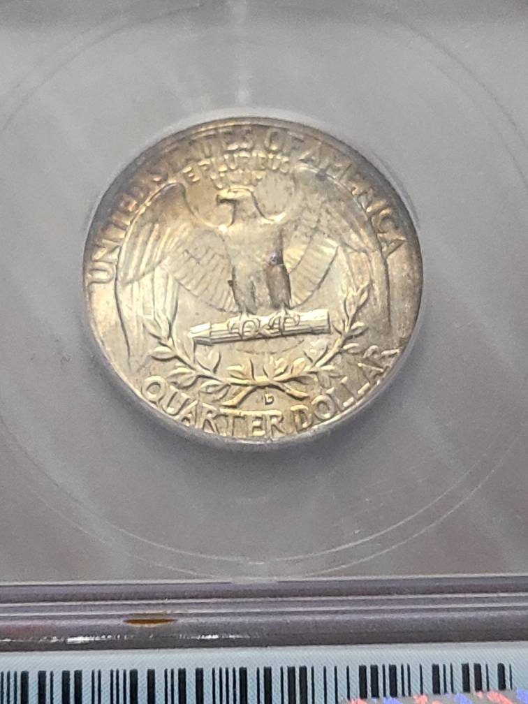 1953d Washington Silver Quarter coin, uncirculated ICG graded ms66+ gem coin with gorgeous mint toning