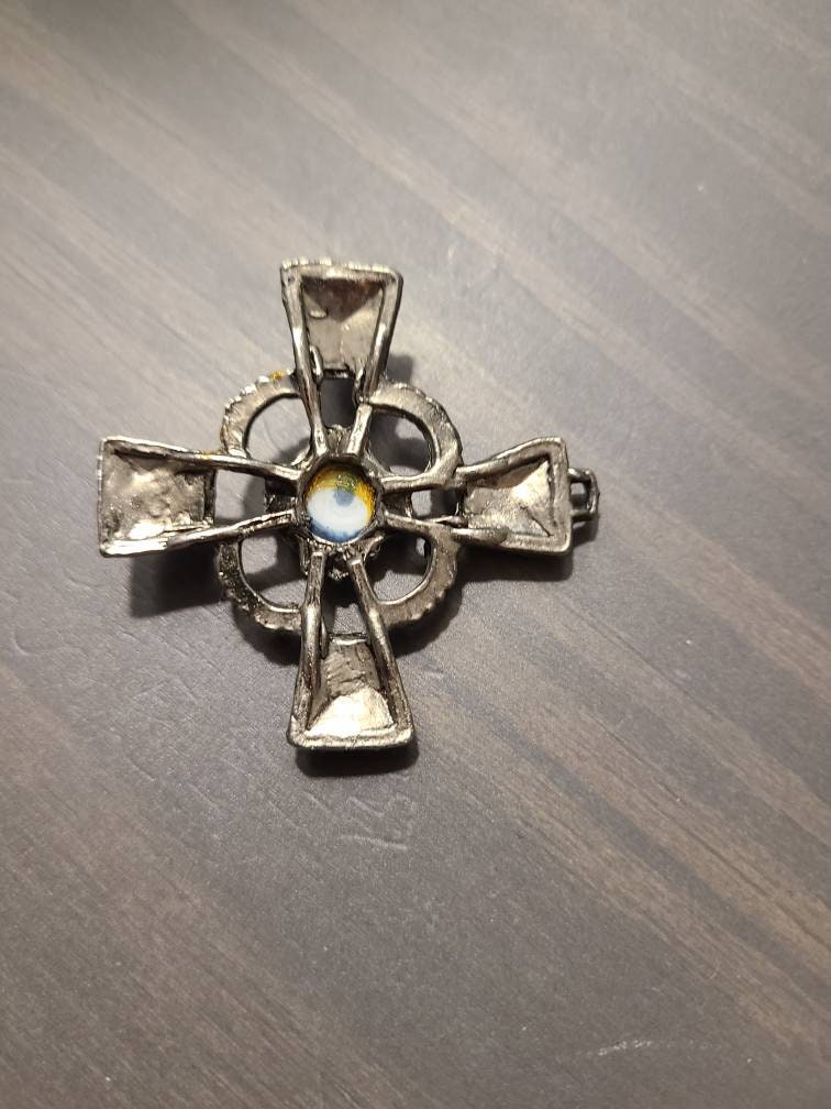 Unique vintage silver tone cross pendant, old artisan necklace pendant, celtic style
