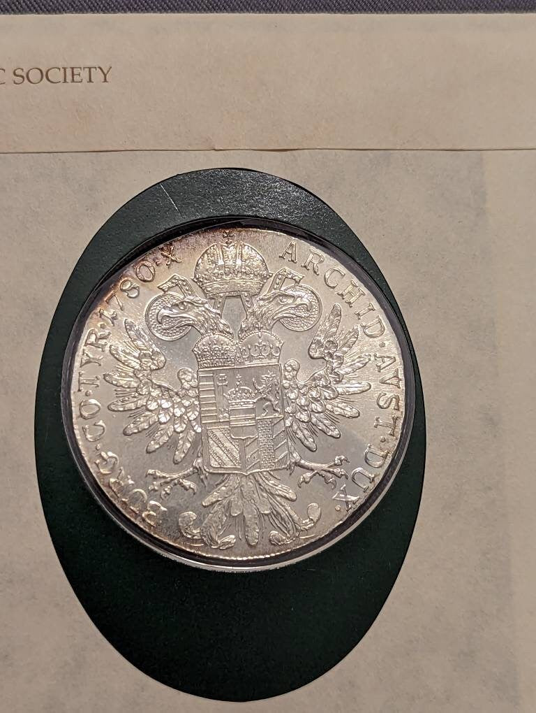 1780x restrike Austria thaler, large solid silver coin in commemorative set with stamp and envelope