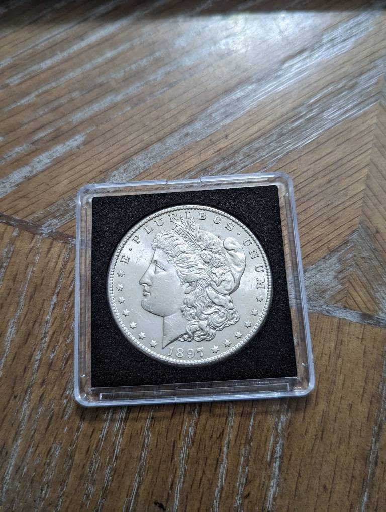 1897s brilliant UNC morgan silver dollar coin, authentic antique American currency, semi key date, gifts for him beautiful