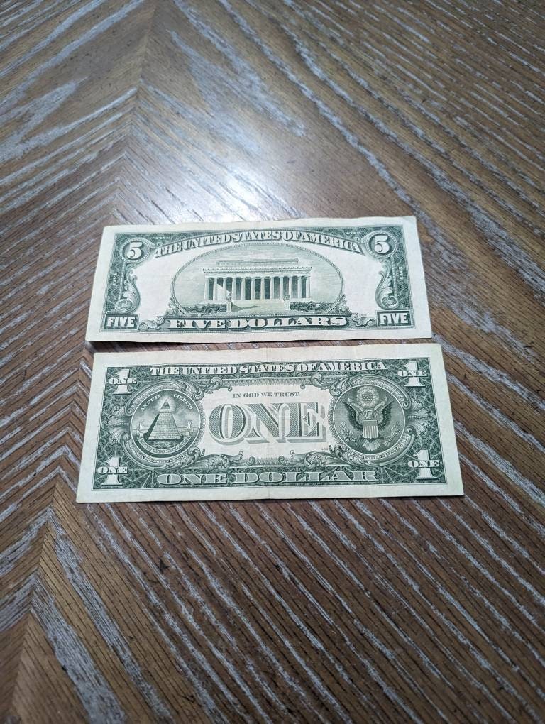 1957 choice high grade one dollar star note silver certificate, 1953b five dollar bill plus bonus