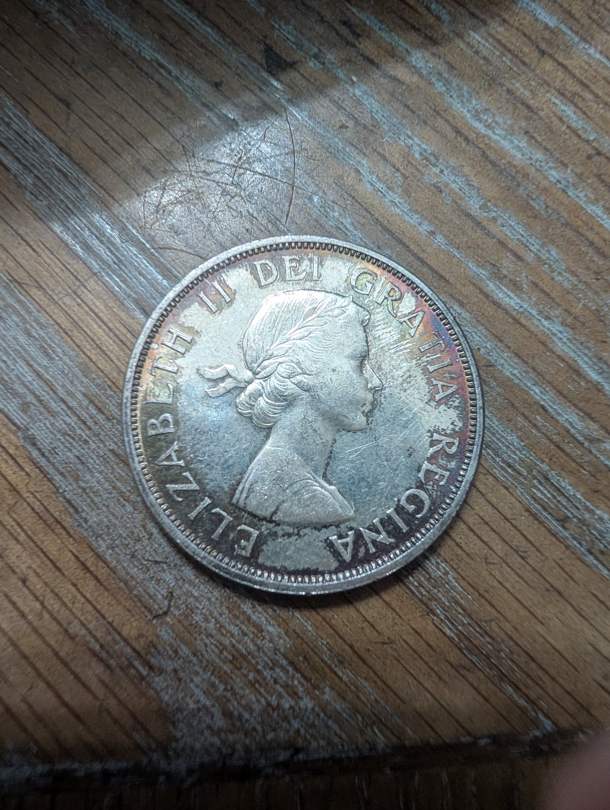 Mint state Canada silver rainbow toned dollar canoe coin