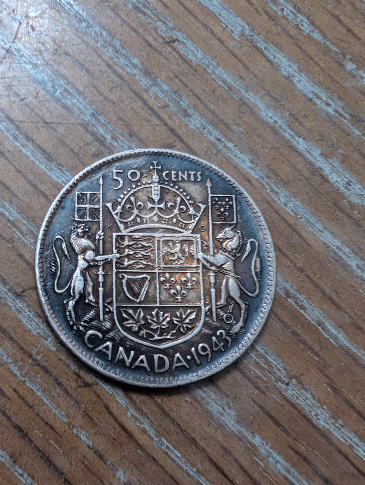 Rare Canadian 1943 silver large Half dollar coin toned