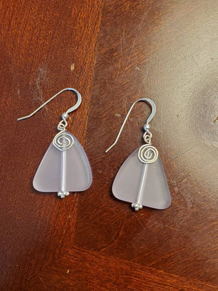Purple sea glass sterling silver handmade silver earrings