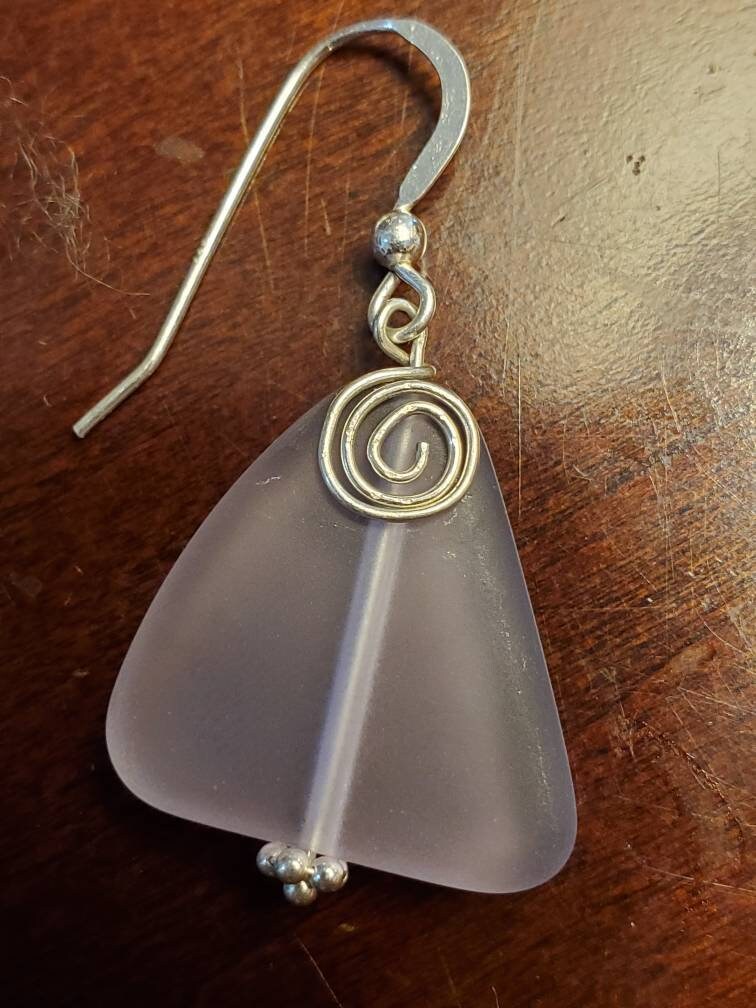 Purple sea glass sterling silver handmade silver earrings