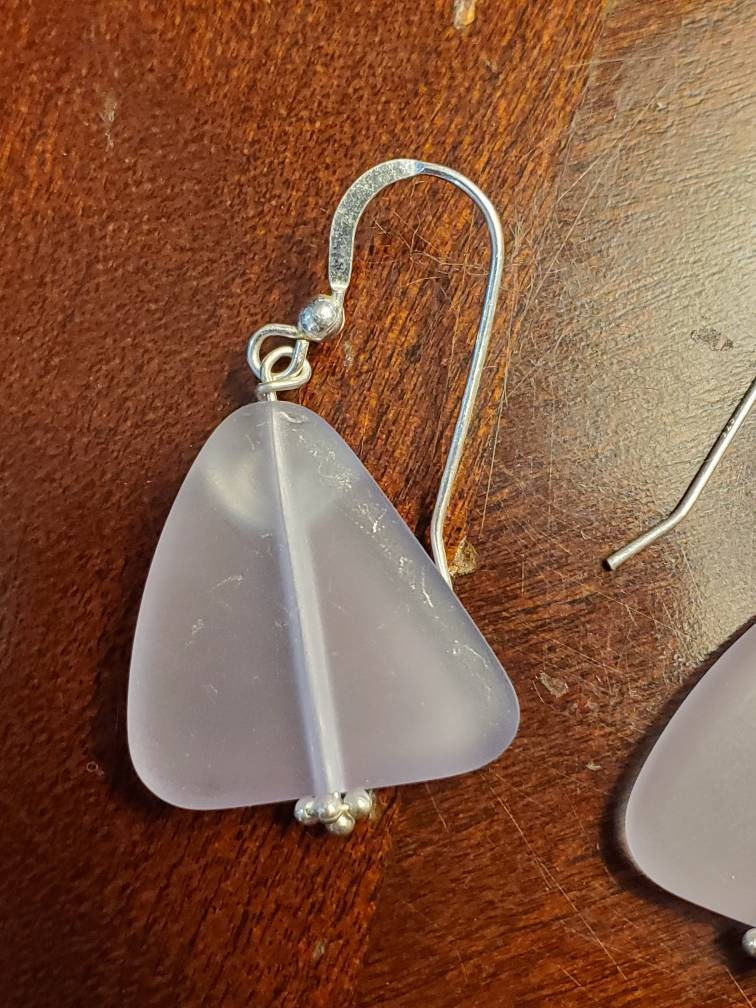 Purple sea glass sterling silver handmade silver earrings