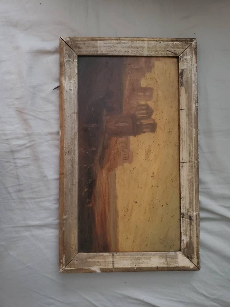 Antique castle on a hill painting estate artwork old free shipping