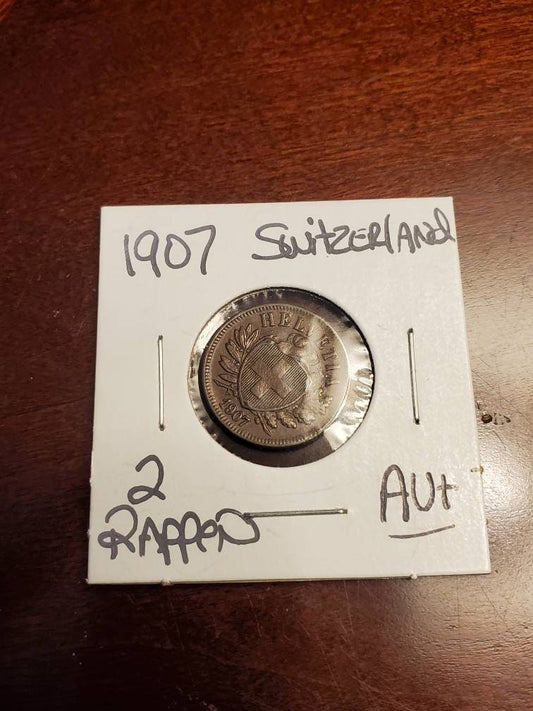 1907 Switzerland 2 rappen copper coin almost uncirculated plus rare this nice