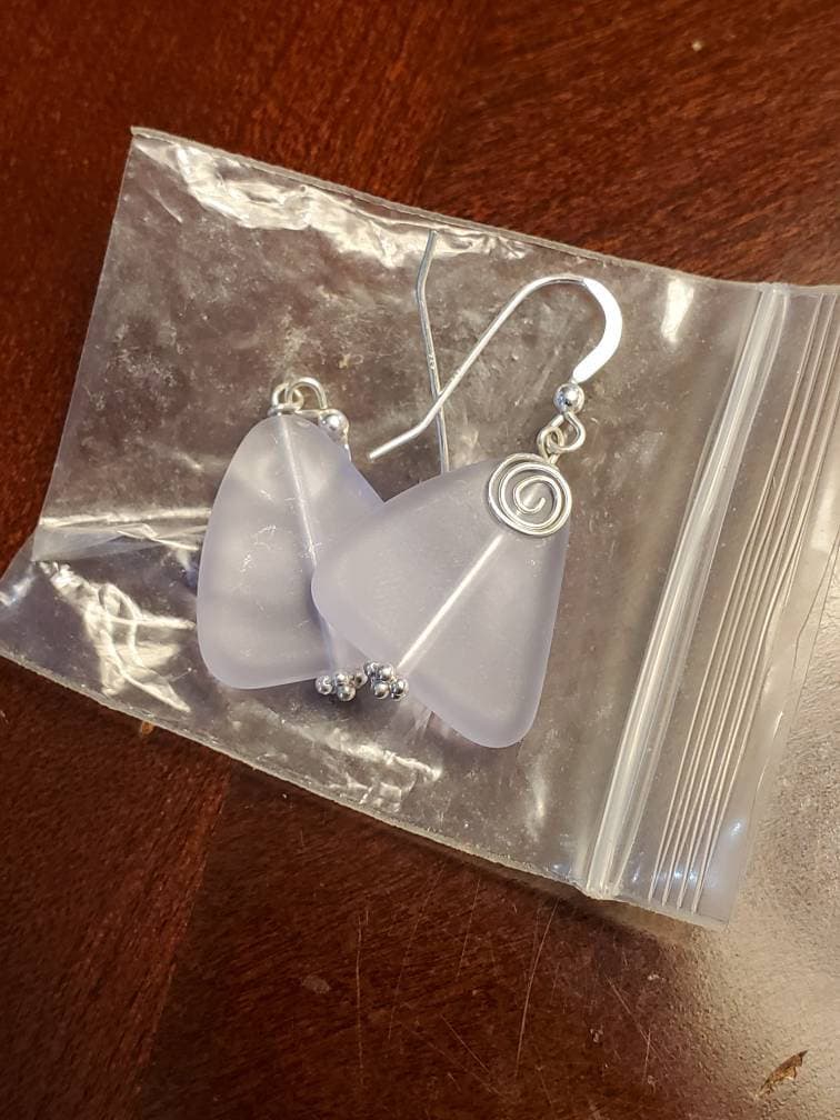 Purple sea glass sterling silver handmade silver earrings