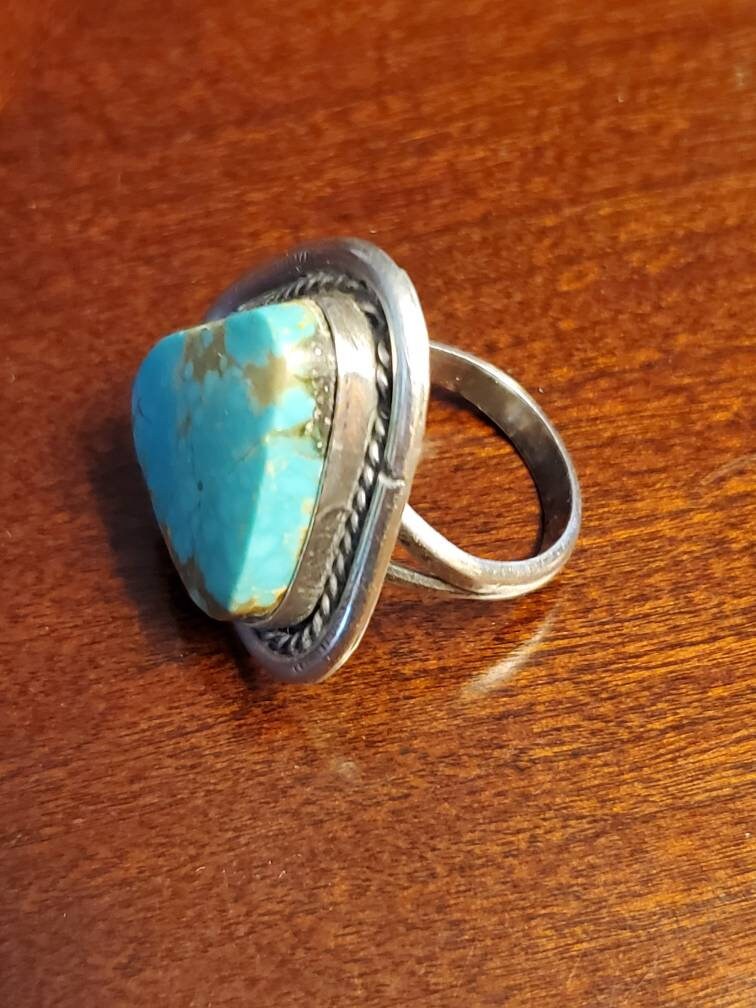 Sterling silver pawn ring turquoise precious green stone jewelry mothers day