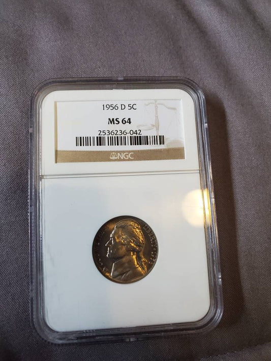1956d Jefferson nickel ngc graded ms64 nice near gem coin