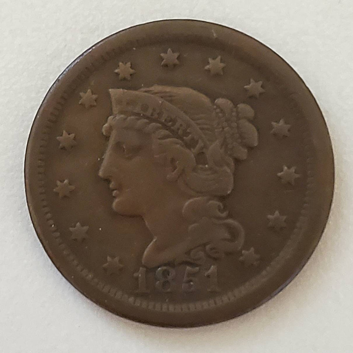 1851 large cent brown chocolate copper penny fine condition