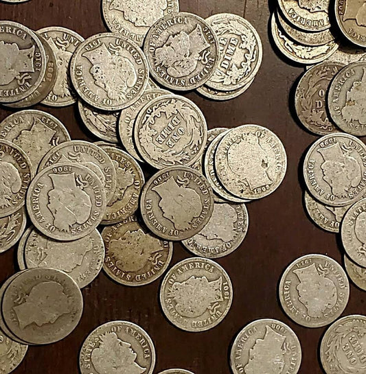 10 barber silver dimes of various conditions and dates coin lot