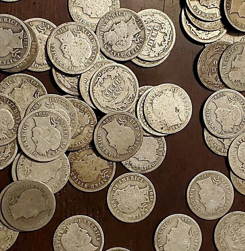 Fifteen barber silver dimes of various conditions and dates coins,  all nice coins fully readable dates money, us coins 90 percent silver