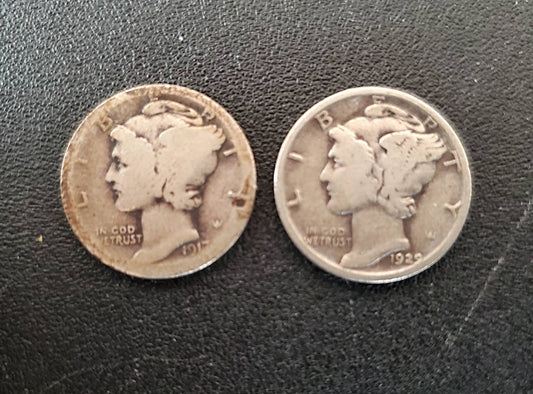 Mercury silver dime pair of two from random collection 1920s and teens dates available