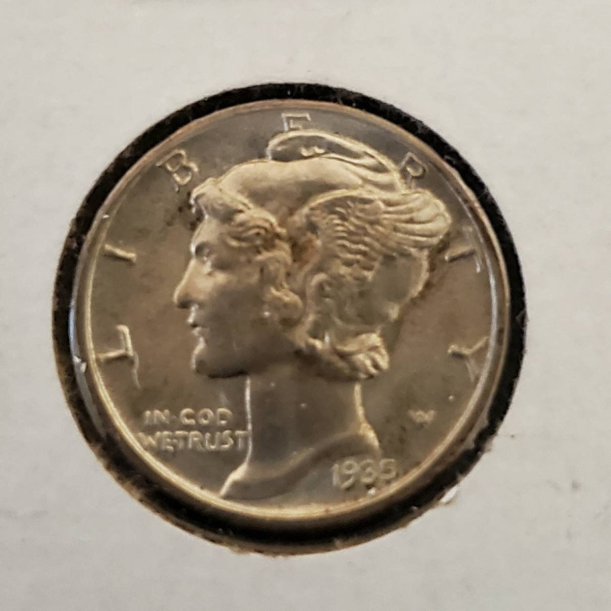 1935 mercury silver dime uncirculated near full split bands, 90 percent silver antique us coin